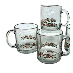 Libbey Holiday Footed Mugs, Christmas Holly Design, Set of 3 Vintage Glassware